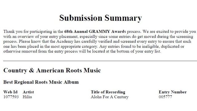 🌺✨ FYC Announcement ✨🌺
We’ve just received final confirmation from the Recording Academy for the 68th Annual GRAMMY® Awards.
Our album Aloha For A Century has been officially placed in Category 52 – Best Regional Roots Music Album.
This project marks Hiliu’s sixth album, reviving songs written over a century ago during the Hawaiian Kingdom era and bringing them back to life for today’s listeners.
We are truly humbled to stand among so many inspiring artists. As we move forward in this journey, we would be deeply grateful for your continued support and consideration. Your encouragement means more than words can express.

Mahalo nui loa for walking with us on this path. 🌺

#Hiliu #AlohaForACentury #FYC2025 #GRAMMYs #BestRegionalRootsMusicAlbum #RegionalRoots #HawaiianMusic #MusicWithAloha